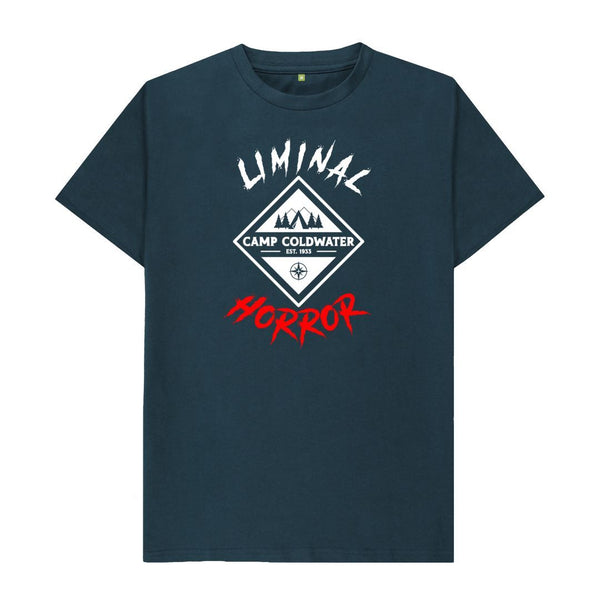 Denim Blue Camp Coldwater White and Red Logo on Dark Shirt
