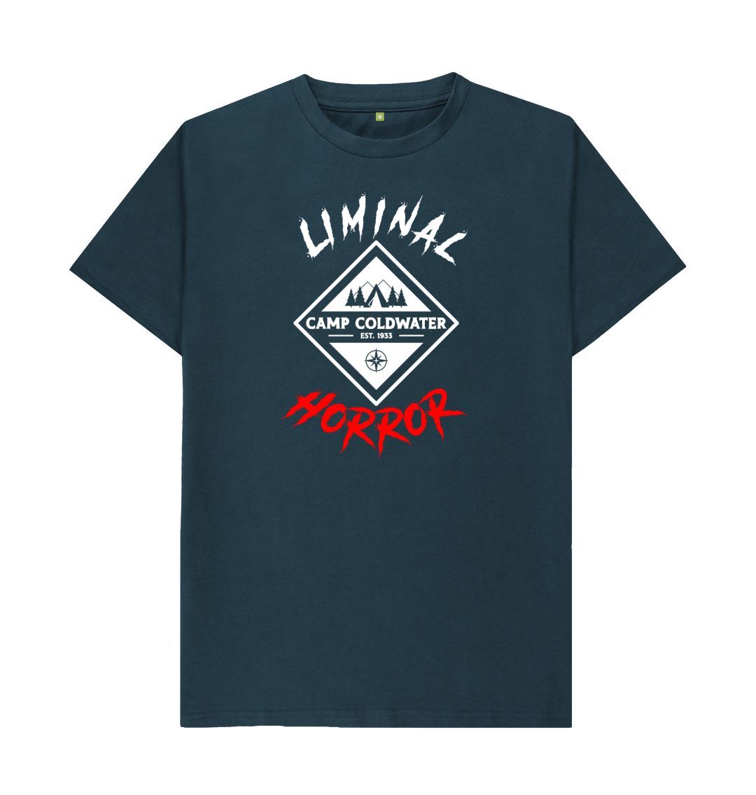 Denim Blue Camp Coldwater White and Red Logo on Dark Shirt
