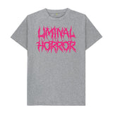 Athletic Grey Liminal Horror Hot Pink Logo on Light Gray Shirt