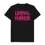 Black Liminal Horror Hot Pink Logo on Light Gray Shirt